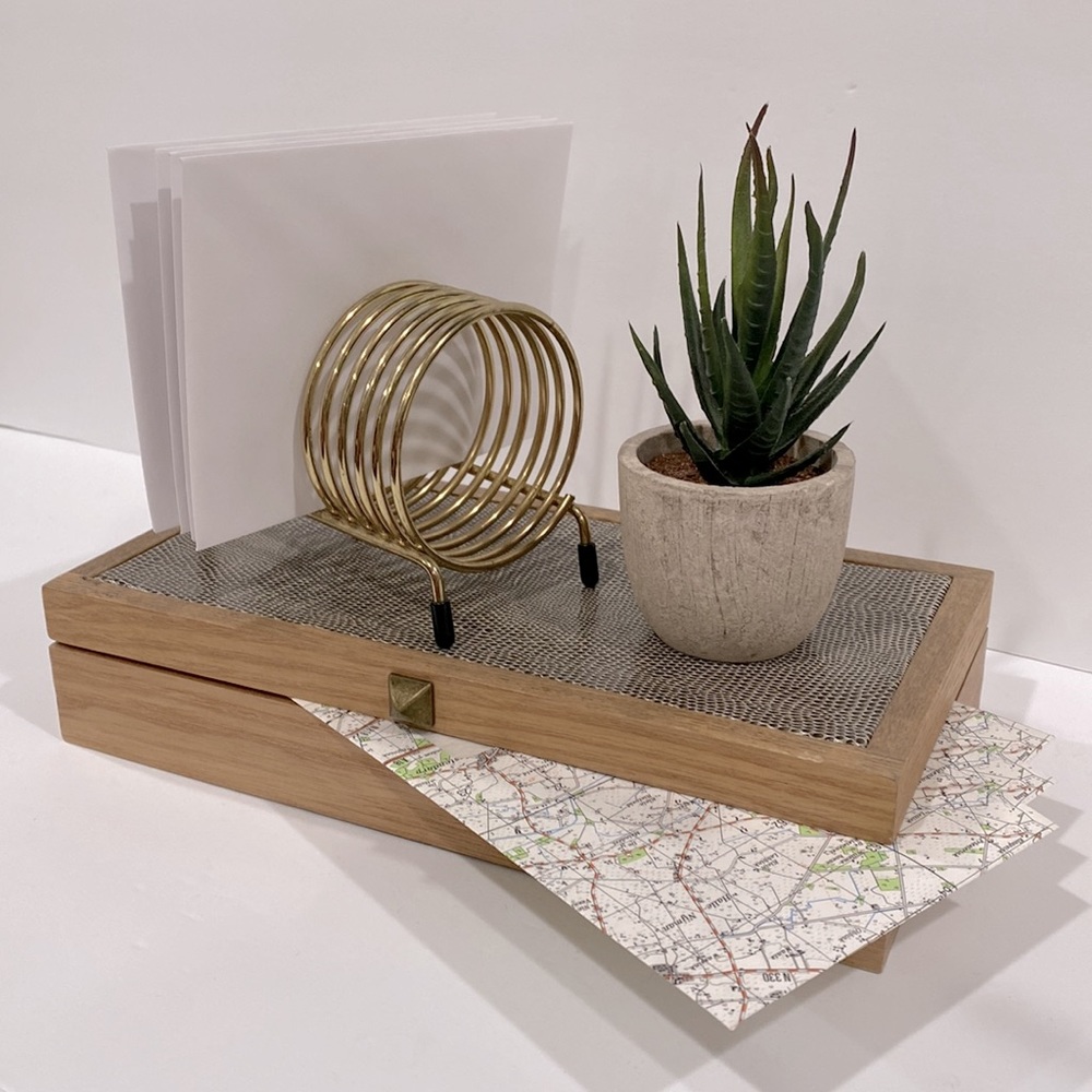 Nate Berkus for Target washed oak gray snakeskin trinket box. Brass hardware.